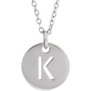 14k White Gold Initial K, Small 10mm Pierced Disc Necklace, 16-18 Inch